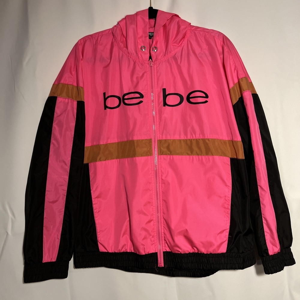 Bebe Sport Pink and Brown Windbreaker Size Large Y2K Vintage 90s Zip Up